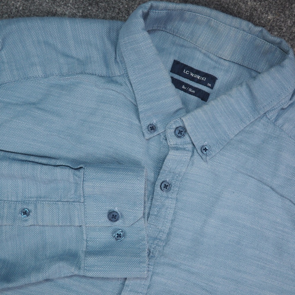 LC Waikiki Shirt Mens 3XL Slim Blue Solid Casual Button Down Modern Textured